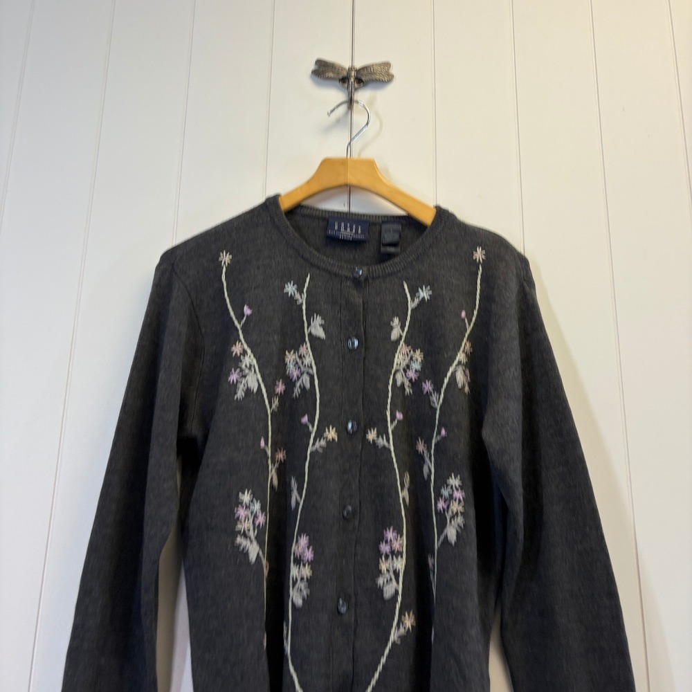 Vintage Crazy Horse Cottage Floral Embroidered Cardigan Sweater Women Size LP
